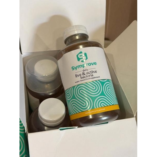 8581 - X4 BOTTLES OF SYMPROVE SUPPLEMENTS(500ML) & A GIFT SET WITH THREE SHOTS & A GLASS