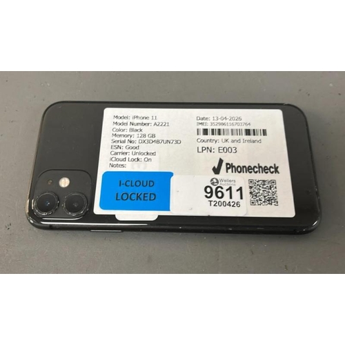9611 - X1 APPLE IPHONE 11 / A2221/ BLACK/ 128GB/ I-CLOUD LOCKED/ IMEI: 352986116703764