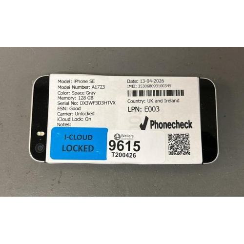 9615 - X1 APPLE IPHONE E/ A1723/ SPACE GRAY/ 128GB/ I-CLOUD LOCKED/ IMEI: 353068093100345 - SCREEN SLIGHT D... 