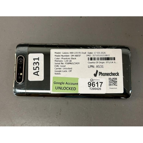 9617 - X1SAMSUNG GALAXY A80(2019) DUAL/ SM-A805F/ PHANTOM BLACK/ 128GB/ GOOGLE UNLOCKED/ IMEI: 357105101518... 