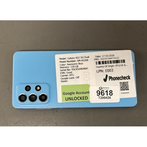 9618 - X1SAMSUNG GALAXY A52 5G DUAL/ SM-A526B/ AWESOME BLUE/ 128GB/ GOOGLE LOCKED/ IMEI: 352757184774122
