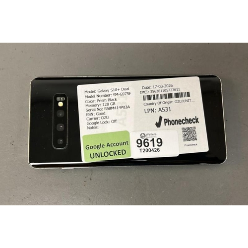 9619 - X1SAMSUNG GALAXY S10+ DUAL/ SM-G975F/ PRISM BLACK/ 128GB/ GOOGLE LOCKED/ IMEI: 356261105723611