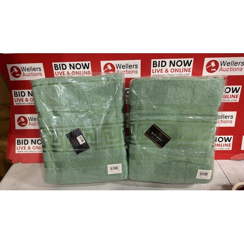 3264 - 2 PACKS OF 3 GREEN GREEK BATH SHEETS 90CM X 150CM