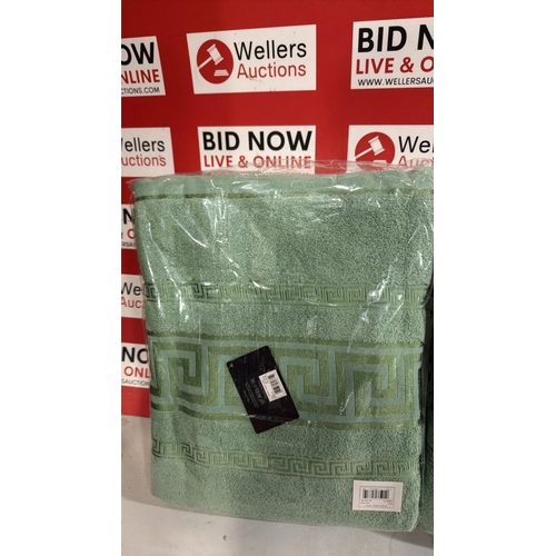 3264 - 2 PACKS OF 3 GREEN GREEK BATH SHEETS 90CM X 150CM