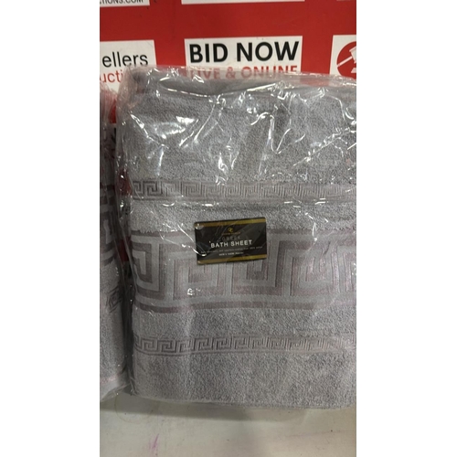 3263 - 2 PACKS OF 3 GREY GREEK BATH SHEETS 90CM X 150CM