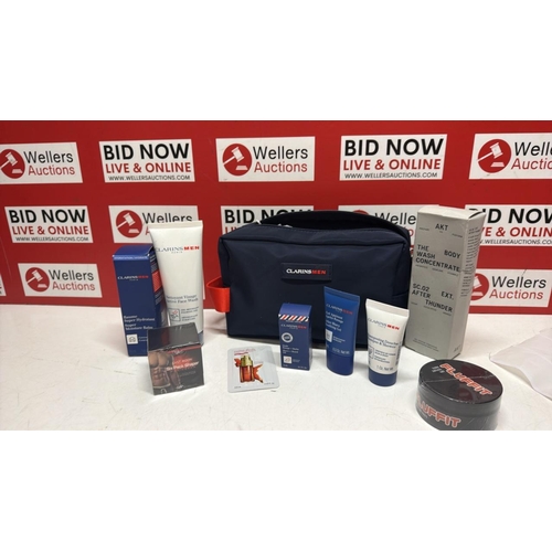 3364 - GENTS COSMETIC BUNDLE CLARINS MEN/ AKT BODY WASH/ HOT CREAM/ FLUFF IT HAIR PASTE