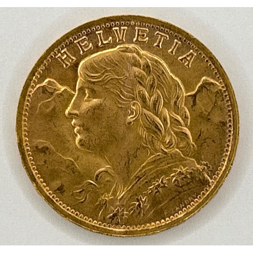 551 - 1935 Swiss 20 Franc gold coin (Vreneli), 6.6g / SF