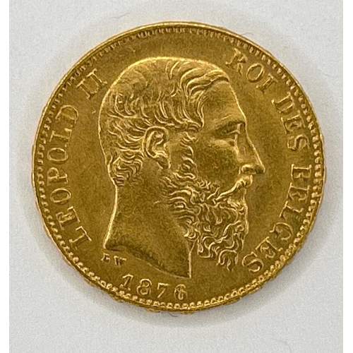 558 - 1876 Belgium 20 Francs gold coin, 6.5g / SF
