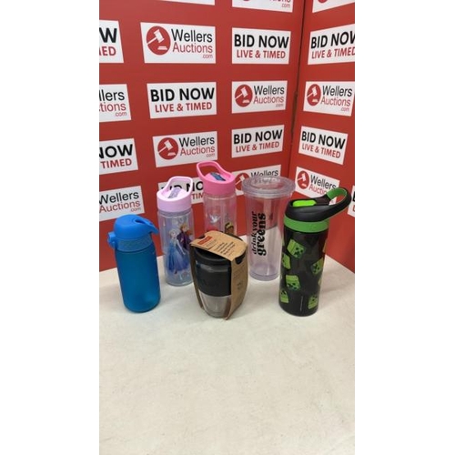 9050 - 6 X TRAVEL MUGS, TUMBLERS AND DRINKS CUPS INC. BODUM, MINECRAFT, DRINK YOUR GREENS AND DISNEY PRINCE... 