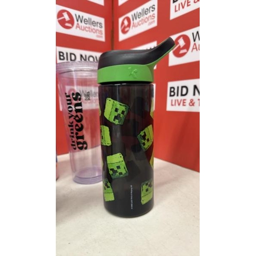 9050 - 6 X TRAVEL MUGS, TUMBLERS AND DRINKS CUPS INC. BODUM, MINECRAFT, DRINK YOUR GREENS AND DISNEY PRINCE... 