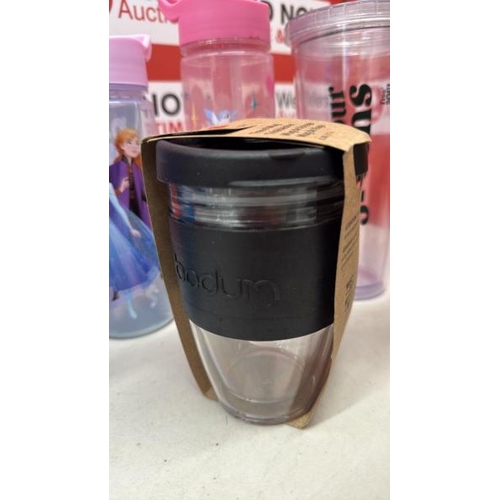9050 - 6 X TRAVEL MUGS, TUMBLERS AND DRINKS CUPS INC. BODUM, MINECRAFT, DRINK YOUR GREENS AND DISNEY PRINCE... 
