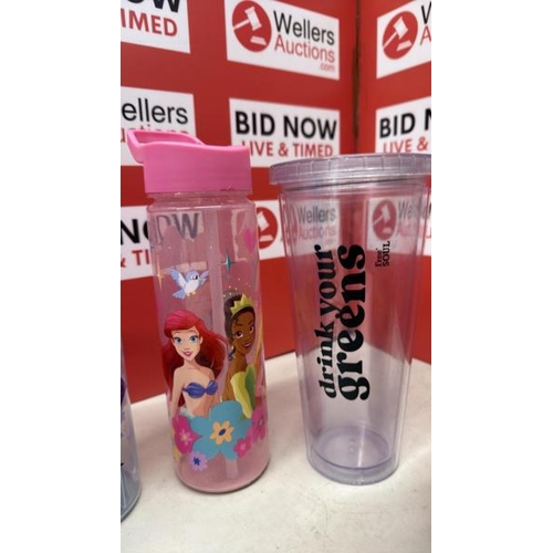 9050 - 6 X TRAVEL MUGS, TUMBLERS AND DRINKS CUPS INC. BODUM, MINECRAFT, DRINK YOUR GREENS AND DISNEY PRINCE... 