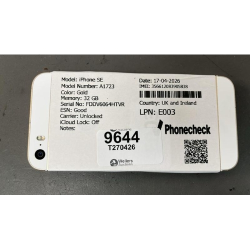 9644 - X1 APPLE IPHONE SE/ A1723/ GOLD/ 32GB/ I-CLOUD UNLOCKED/ IMEI: 356612083905838