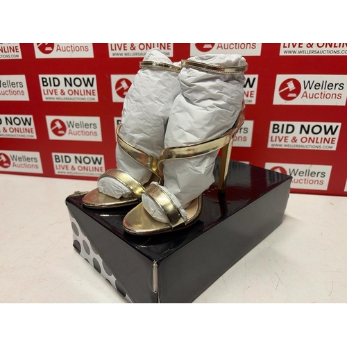 1073 - LADIES NEW SHOE BOX GOLD STRAPPY HEELS / UK 6