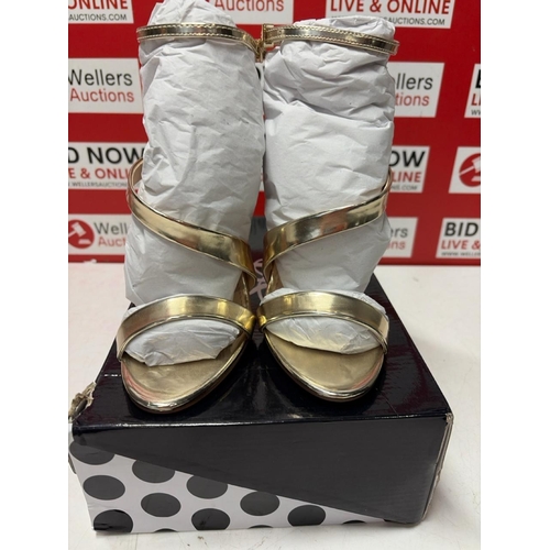 1073 - LADIES NEW SHOE BOX GOLD STRAPPY HEELS / UK 6