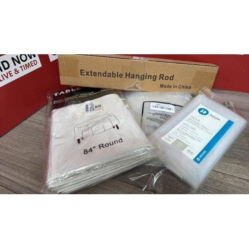 9156 - x12 84 inch round table covers, shower liner and simillar PLUS EXTENDABLE HANGING ROD [51]