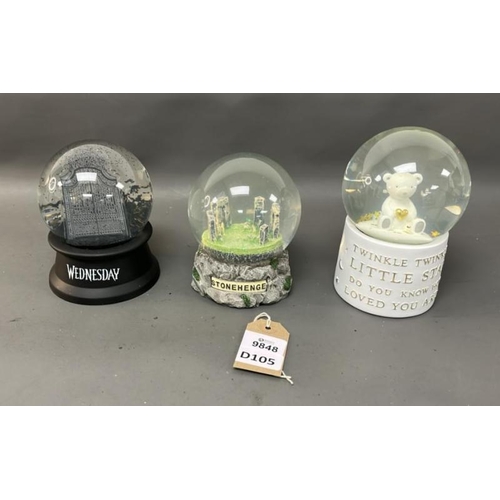 2021 - X3 BRAND NEW SNOW GLOBE INC. BAMBINO MUSICAL SNOW GLOBE, STONEHENGE ENGLISH HERITAGE, WEDNESDAY NEVE... 