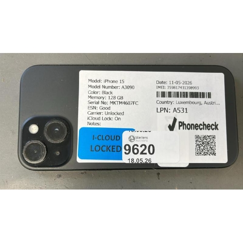 9620 - APPLE IPHONE 15/A3090/BLACK/128GB/IMEI-359817431398993 (I-CLOU LOCKED)