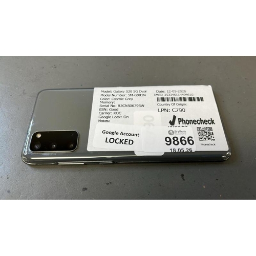 9866 - X1 SAMSUNG GALAXY S20 5G DUAL/ SM-G981N/ COSMIC GREY/ GOOGLE LOCKED/ IMEI: 353346114494610