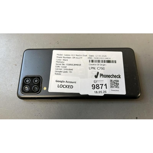 9871 - X1 SAMSUNG GALAXY A12 NACHO DUAL/ SM-A127F/ BLACK/ GOOGLE LOCKED/ IMEI: 350832410184826