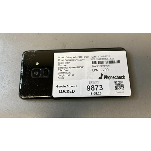 9873 - X1 SAMSUNG GALAXY A8 (2018) DUAL/ SM-A530F/ BLACK/ GOOGLE LOCKED/ IMEI: 355038092872606 - SCREEN & B... 