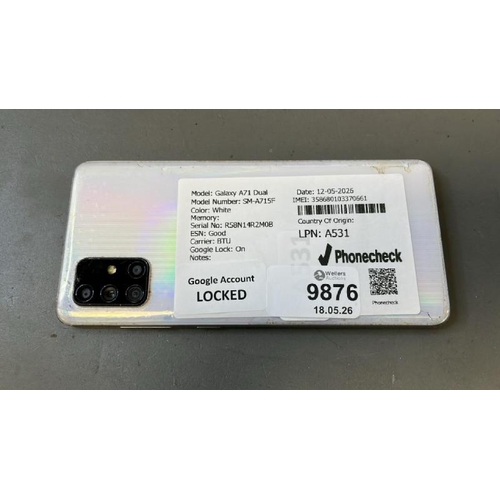 9876 - X1 SAMSUNG GALAXY A71 DUAL/ SM-A715F/ WHITE/ GOOGLE LOCKED/ IMEI: 358680103370661- SCREEN DAMAGED