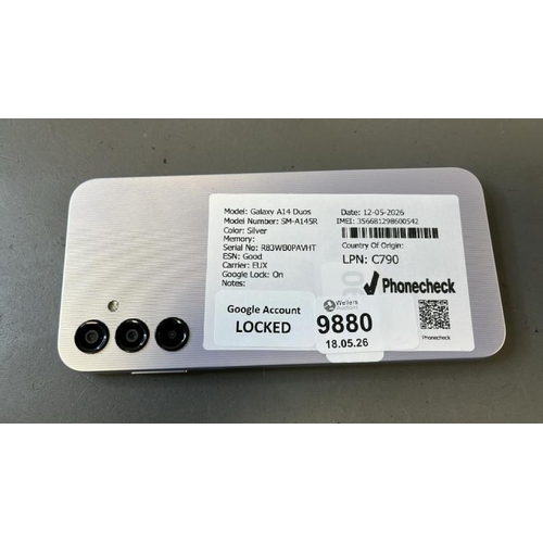 9880 - X1 SAMSUNG GALAXY A14 DUOS/ SM-A145R/ SILVER/ GOOGLE LOCKED/ IMEI: 356681298600542