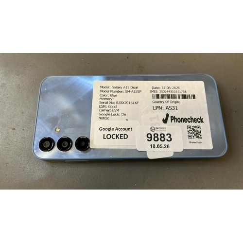 9883 - X1 SAMSUNG GALAXY A15 DUAL/ SM-A155F/ BLUE/ GOOGLE LOCKED/ IMEI: 350244310161708