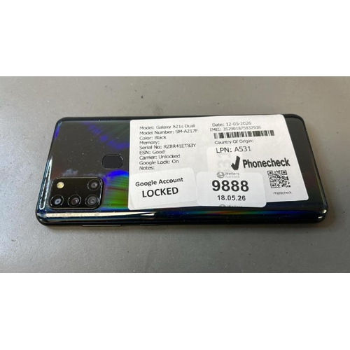9888 - X1 SAMSUNG GALAXY A21S DUAL/ SM-A217F/ BLACK/ GOOGLE LOCKED/ IMEI: 352901875832936