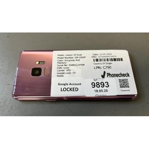 9893 - X1 SAMSUNG GALAXY S9 UAL/ SM-G960F/ BURGUNDY RED/GOOGLE LOCKED/ IMEI: 357164094534974