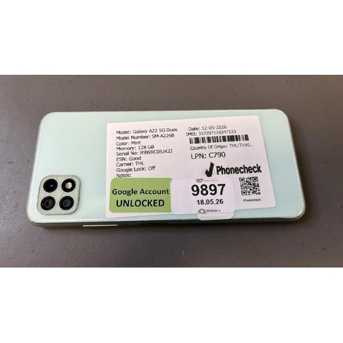 9897 - X1 SAMSUNG GALAXY A22 5G DUOS/ SM-A226B/MINT/128GB/ GOOGLE UNLOCKED/ IMEI: 357297126247320 - SCREEN ... 