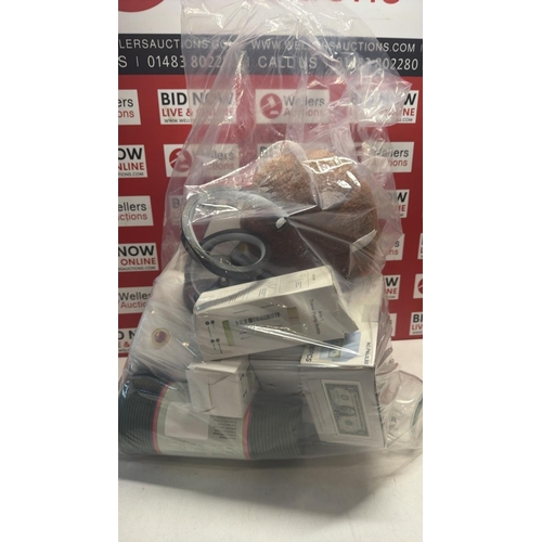 3159 - LARGE BAG OF ASSORTED HOUSEHOLD ITEMS INC HOTEL CHOCOLATE, LAMP, SPONGE CADDY, TRAVEL BOTTLES