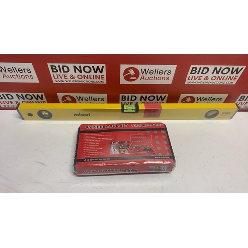 3167 - NEW ROLSON SPIRIT LEVEL & 46 PIECE TOOL SET FOR HOME & AUTO