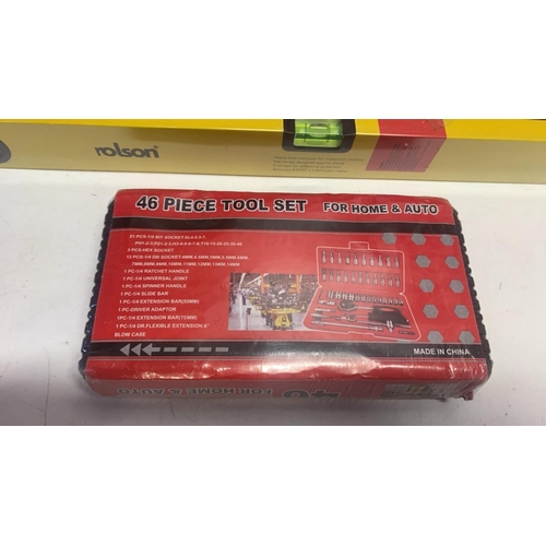 3167 - NEW ROLSON SPIRIT LEVEL & 46 PIECE TOOL SET FOR HOME & AUTO