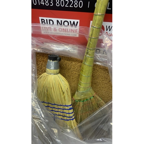3304 - NEW COIR MAT, CORN BROOM HEAD & TRADITIONAL RICE STRAW BROOM