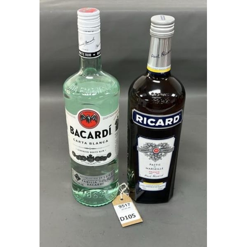 9517 - X2 INC. BACARDI CARTA BLANCA SUPERIOR WHITE RUM 1L, RICARD PASTIS DE MARSEILLE FRACE 100CL