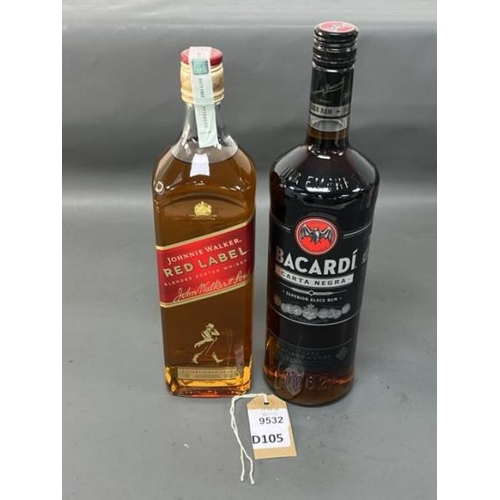 9532 - X2 INC. JOHNNIE WALKER RED LABEL BLENDED SCOTHC WHISKY 1LITRE, BACARDI CARTA NEGRA SUPERIOR BLACK RU... 