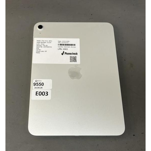 9550 - X1 APPLE IPAD A16  WIFI/ A3354/ SILVER/ 256GB/ I-CLOUD UNLOCKED/ IMEI: L09YKW5YXJ