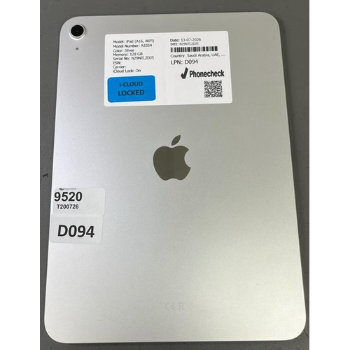 9520 - APPLE IPAD (A16,WIFI) A3354 / SILVER/128GB / IMEI-N29NTL2DJ5  (I-CLOUD LOCKED)