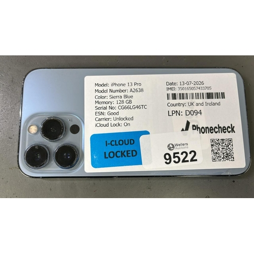 9522 - APPLE IPHONE 13 PRO / A2638 / SIERRA BLUE/128GB / IMEI-350165057433705 (I-CLOUD LOCKED)(SCREEN DAMAG... 