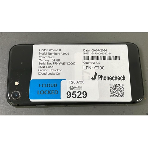 9529 - APPLE IPHONE 8 / A1905 / BLACK/64GB / IMEI-358709098342334 (I-CLOUD LOCKED)