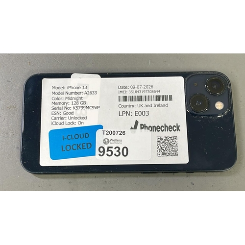 9530 - APPLE IPHONE 13 / A2633 / MIDNIGHT/128GB / IMEI-351843197308644 (I-CLOUD LOCKED)