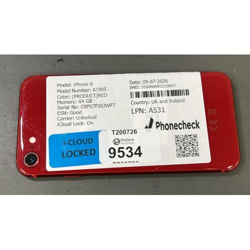 9534 - APPLE IPHONE 8 / A1905 / RED/64GB / IMEI-356080095210847 (I-CLOUD LOCKED)