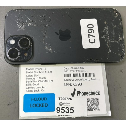 9535 - APPLE IPHONE 15 / A3090 / BLACK/128GB / IMEI-353823612066371 (I-CLOUD LOCKED)(SCREEN,DISPLAY&BACK DA... 