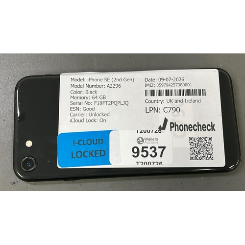 9537 - APPLE IPHONE SE(2ND GEN) A2296 / BLACK/64GB / IMEI-359794257380001 (I-CLOUD LOCKED)