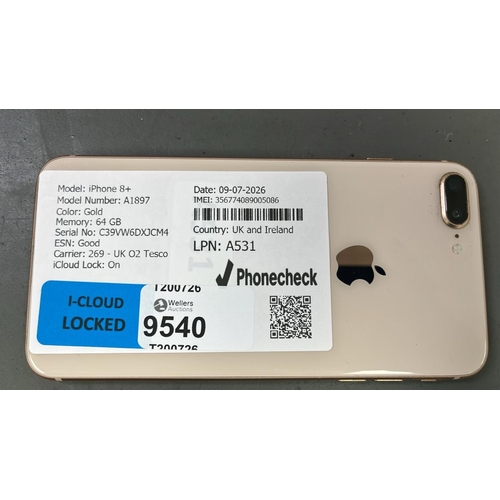 9540 - APPLE IPHONE 8+ / A1897 / GOLD/64GB / IMEI-356774089005086 (I-CLOUD LOCKED)