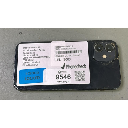 9546 - APPLE IPHONE 12 / A2403 / BLACK/64GB / IMEI-352014964852946 (I-CLOUD LOCKED)