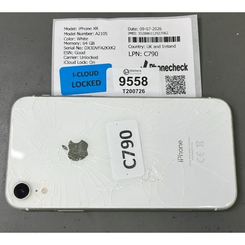 9558 - APPLE IPHONE XR / A2015 / WHITE/64GB / IMEI-352886112927062 (I-CLOUD LOCKED) (BACK DAMAGE)