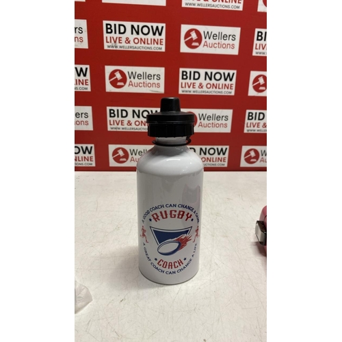 3008 - 2X NEW WATERBOTTLES INC HOGWARTS WATERBOTTLE, RUGBY COACH BOTTLE AND 1X HANDHELD WATER BOTTLE WITH M... 