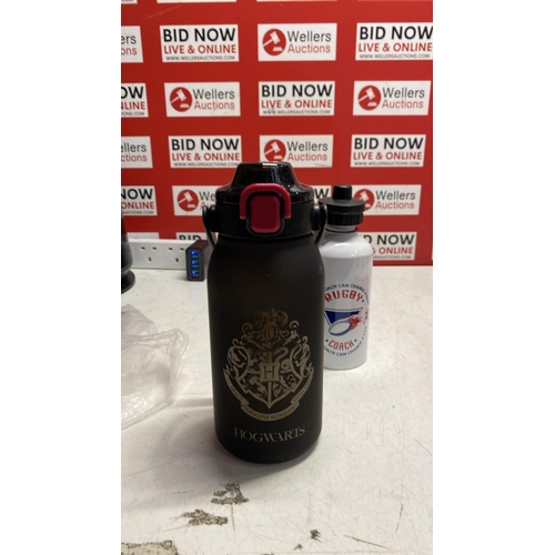 3008 - 2X NEW WATERBOTTLES INC HOGWARTS WATERBOTTLE, RUGBY COACH BOTTLE AND 1X HANDHELD WATER BOTTLE WITH M... 